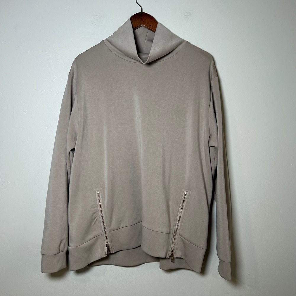 P Cill‎ Sweatshirt Mock Neck Size M Taupe Dual Zipper Hem Athleisure